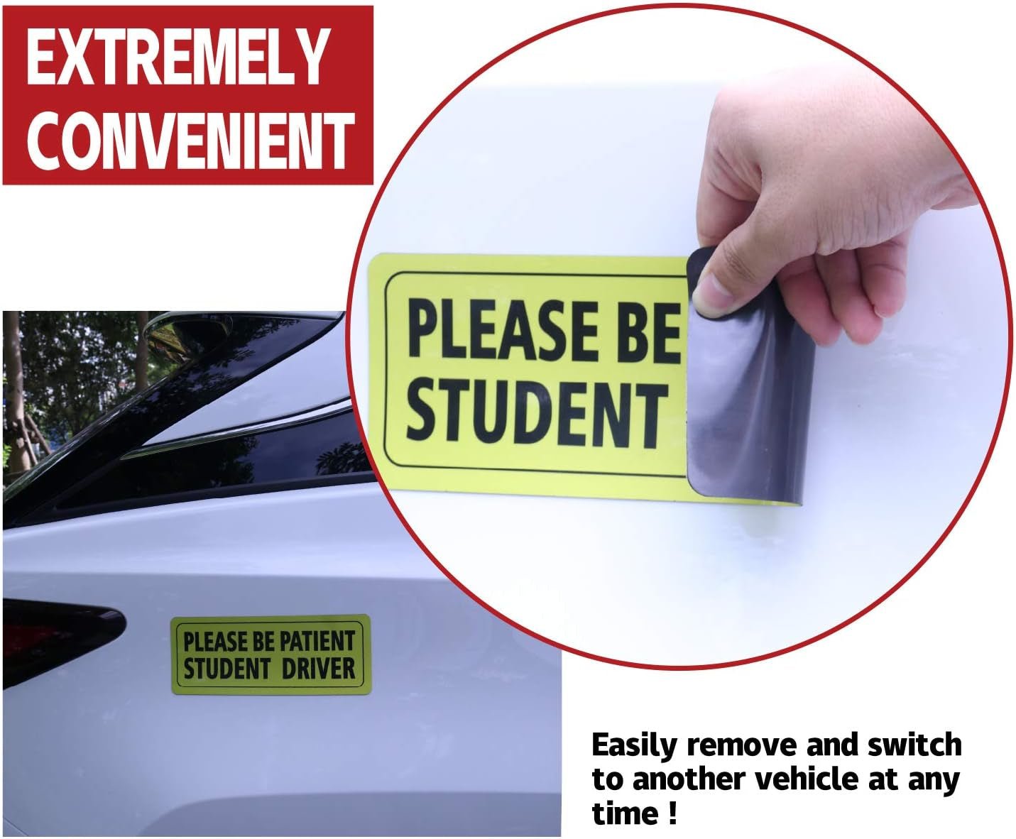 3Pcs Student Driver Magnet for Car, Please Be Patient Student Driver Magnet, New Drivers Sticker Safety Warning, Magnetic Reflective Rookie Driver Bumper Sticker (Black)