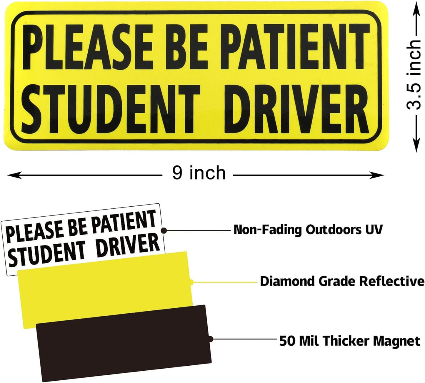 3Pcs Student Driver Magnet for Car, Please Be Patient Student Driver Magnet, New Drivers Sticker Safety Warning, Magnetic Reflective Rookie Driver Bumper Sticker (Black)